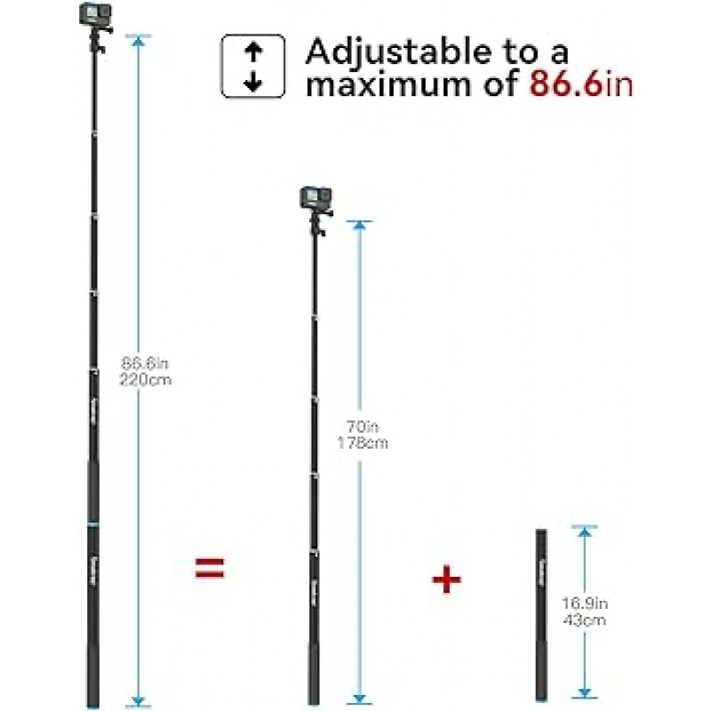 Smatree Selfie Stick, Long 86.6inches (220cm), Telescopic 5 Levels, 16.9 - 86.6inches (43 - 220cm), 알루미늄, 경량, 플로트 스트랩, 스마트폰, Gopro, Akaso, Surfola, Apexcam, DJI 등, 아웃도어, 사진, 수중