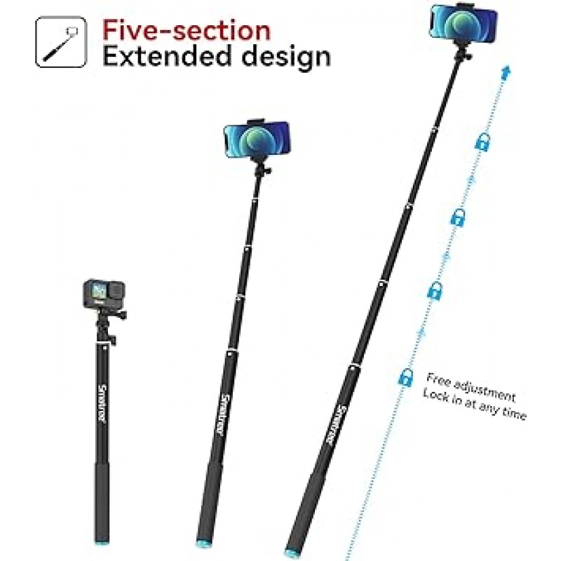 Smatree Selfie Stick, Long 86.6inches (220cm), Telescopic 5 Levels, 16.9 - 86.6inches (43 - 220cm), 알루미늄, 경량, 플로트 스트랩, 스마트폰, Gopro, Akaso, Surfola, Apexcam, DJI 등, 아웃도어, 사진, 수중