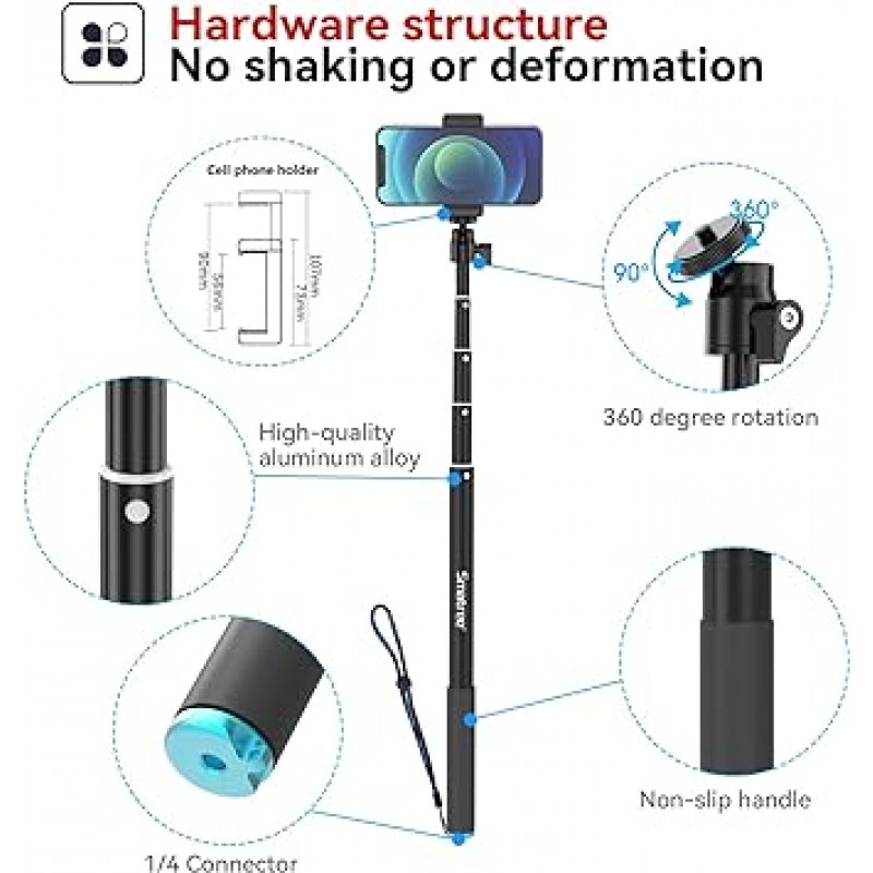 Smatree Selfie Stick, Long 86.6inches (220cm), Telescopic 5 Levels, 16.9 - 86.6inches (43 - 220cm), 알루미늄, 경량, 플로트 스트랩, 스마트폰, Gopro, Akaso, Surfola, Apexcam, DJI 등, 아웃도어, 사진, 수중