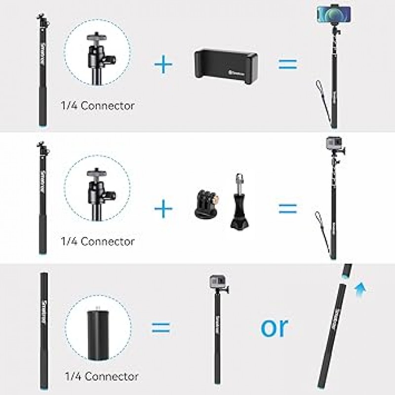 Smatree Selfie Stick, Long 86.6inches (220cm), Telescopic 5 Levels, 16.9 - 86.6inches (43 - 220cm), 알루미늄, 경량, 플로트 스트랩, 스마트폰, Gopro, Akaso, Surfola, Apexcam, DJI 등, 아웃도어, 사진, 수중