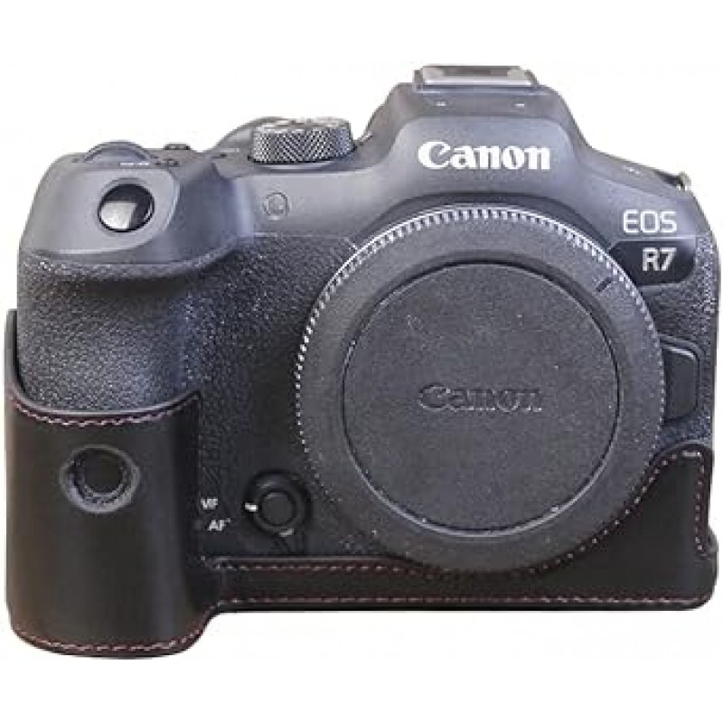 Koowl 호환 Canon EOS R7 카메라 가방 카메라 케이스, Koowl 수제 최고급 PU 가죽 카메라 하프 케이스, SLR 카메라 케이스, 방수, 방진, 휴대용, Openwork Base + Hand Strap (Black, PU)