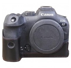 Koowl 호환 Canon EOS R7 카메라 가방 카메라 케이스, Koowl 수제 최고급 PU 가죽 카메라 하프 케이스, SLR 카메라 케이스, 방수, 방진, 휴대용, Openwork Base + Hand Strap (Black, PU)