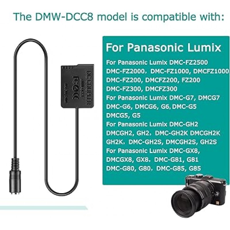 5V USB 어댑터 키트 + 5V3A 어댑터 + DMW DCC8 BLC12 BLC12E 가상 배터리 호환 모델 번호 Panasonic Lumix DMC GX8 FZ1000 FZ300 FZ200 G7 G6 G5 GH2K GH2S DC-G90 DC-G91 DC-G91 DC-GC-G91 g95 d C-G99 DMC G80 G85