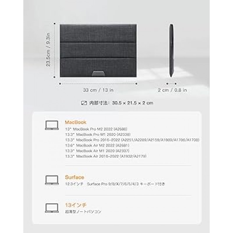 Inateck 접이식 컴퓨터 케이스 MacBook Air M2/M1 2022-2018 13 인치 발수성 Macbook Pro 13 인치 M2/M1 2022-2016 / Surface Pro 9/8/7/X/6/5/4/3 / 스탠드 포함 노트북 슬리브 액세서리 가방 포함 블랙 그레이