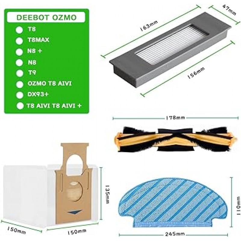 Homkari ECOVACS DEEBOT OZMO N8 로봇 진공 청소기 교체용 소모품 세트 T9 / T9+ / T8 / T8용 액세서리 키트 AIVI / T8+ / N8PRO / N8PRO+ / N8 메인 브러시 x 1 먼지 봉투 x 4 x 대걸레 x 3 필터 x 4 사이드 브러시(15 세트) )