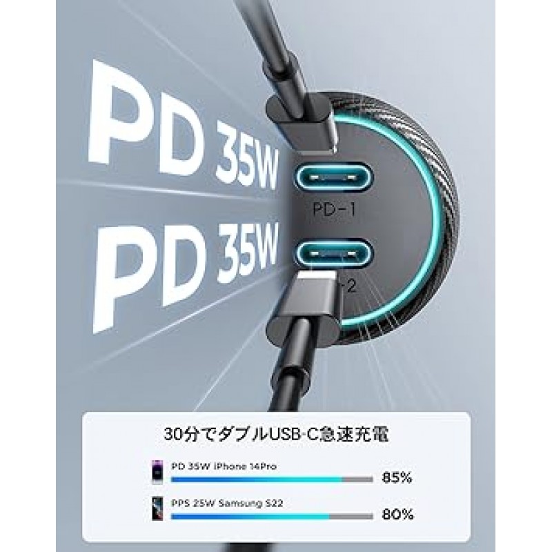 JOYROOM 시가 소켓 USB C 2포트 70W PD35W&PPS25W 【35W+35WPD 초급속 충전】시가 소켓 차 충전기 12V/24V차 대응 iPhone 14/14Pro/13/SE/12/11/XR/X, Samsung S22/2 Galaxy 그 외 Android 각종 대응 LED 라이트 탑재 7개의 칼라 모드 라이트 버튼 첨부