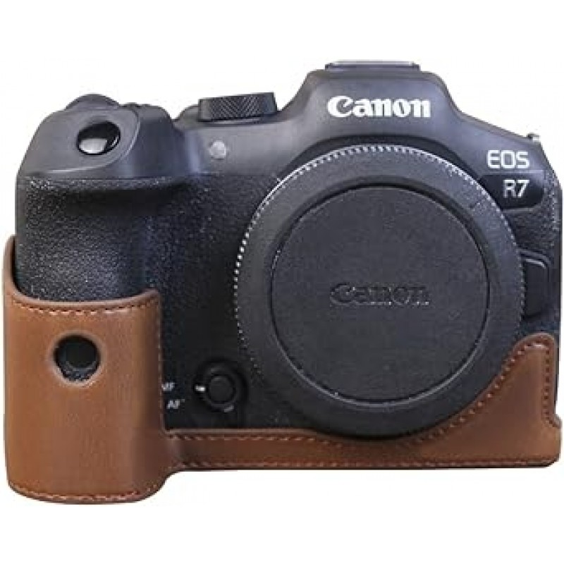 Koowl 호환 Canon EOS R7 카메라 가방 카메라 케이스, Koowl 수제 최고급 PU 가죽 카메라 하프 케이스, SLR 카메라 케이스, 방수, 방진, 휴대용, Openwork Base + Hand Strap (Coffee Color, PU)