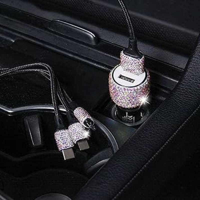 Bling USB 자동차 충전기 5V / 2.4A 멀티 컬러 크리스탈 장식 듀얼 포트 고속 어댑터 4 피트 나일론 타입 C / Micro USB 3 인 1 멀티 충전 케이블 iPhone iPad Android 용 자동차 인테리어 액세서리 여성용