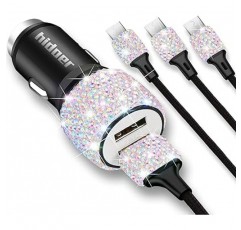 Bling USB 자동차 충전기 5V / 2.4A 멀티 컬러 크리스탈 장식 듀얼 포트 고속 어댑터 4 피트 나일론 타입 C / Micro USB 3 인 1 멀티 충전 케이블 iPhone iPad Android 용 자동차 인테리어 액세서리 여성용