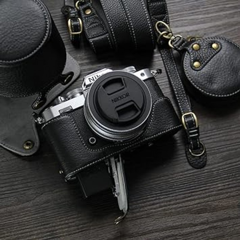 Nikon Zfc Z fc SLR 카메라 케이스 카메라 커버와 호환 가능 카메라 가방 카메라 홀더 [KOOWL] 핸드메이드 가죽 실버 가죽 카메라 케이스 액세서리 숄더 스트랩 + 보관 케이스 세련된 컴팩트 방수 방진 호환 렌즈 모델: Z DX 16-50mm f/3.5-6.3 VR, 블랙(블랙 19-3911tcx), 신고전주의