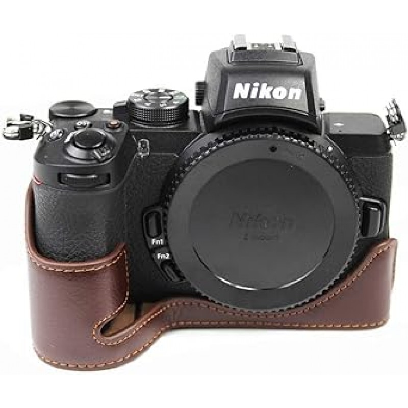 Koowl 호환 Nikon Z30 Z50 카메라 가방 카메라 케이스, 정품 가죽, Koowl 핸드메이드 최고급 소가죽 카메라 하프 케이스, Nikon Z30 Z50 SLR 카메라 케이스, 방수, 방진, 휴대성, 오픈워크 베이스 + 핸드 스트랩(커피)