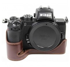 Koowl 호환 Nikon Z30 Z50 카메라 가방 카메라 케이스, 정품 가죽, Koowl 핸드메이드 최고급 소가죽 카메라 하프 케이스, Nikon Z30 Z50 SLR 카메라 케이스, 방수, 방진, 휴대성, 오픈워크 베이스 + 핸드 스트랩(커피)