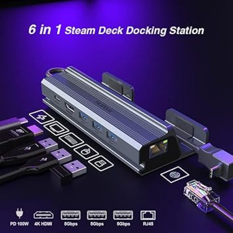 Steam Deck용 HOPDAY TV Dock, 6-in-1 Steam Deck/ROG ALLY Dock Dock, Deck Docking, Steam Deck Dock HDMI 4K@60Hz, 3*USB 3.0, 100W PD 로드, 1Gbps 이더넷, 밸브 Steam Deck 스탠드, 전화, 태블릿, 스팀 데크 액세서리는 밸브 스팀 데크 스탠드입니다.