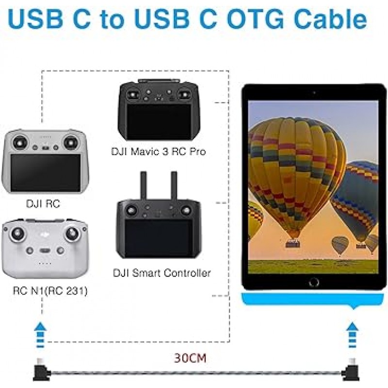 1피트 USB C - USB C 리모트 컨트롤러 케이블 DJI Mavic 3 Mini 2 Mini 3 Pro Air 2S Mavic Air 2 DJI RC-N1 RC Pro - 전화 / 태블릿 케이블 90도 OTG 데이터 코드 액세서리 (USB C 커넥터)