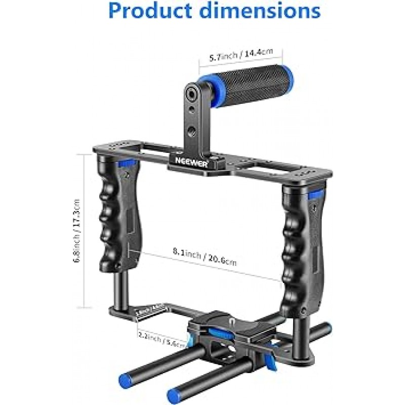 Neewer 알루미늄 합금 카메라 비디오 케이지 필름 영화 제작 키트 탑 핸들, 듀얼 핸드 그립, 2 개 15mm로드 포함 Canon, Sony, Fujifilm, Nikon DSLR 카메라 및 캠코더와 호환 가능 (블랙 + 블루)