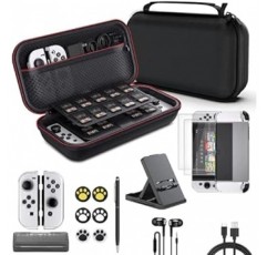 Nintendo Switch OLED 16 in 1 Set 보호 케이스 [보관 케이스 + 전체 PC 커버 + 이어폰 + 스타일러스 펜 + 커버 + 2 9H 유리 필름 + 4 in 1 게임 카드 케이스 + 6 엄지 캡 + Type C 충전 케이블] 보관 가방 보호 케이스 대형 외출 또는 여행 충격, 방수, 얼룩 방지, Nintendo Switch OLED 모델과 호환되는 작은 물건 보관을 위한 용량 완전 보호