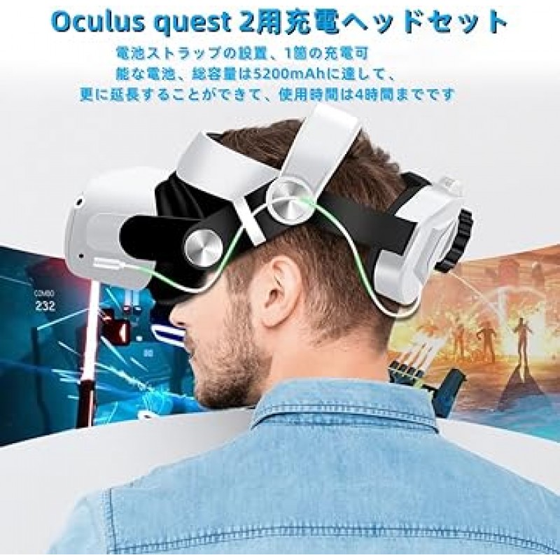 OBEST Oculus Quest 2 헤드 스트랩 교체 벨트 Oculus Quest 2 충전식 5200mAh 조정 가능한 멀티 앵글 조정 가능한 쉬운 설치 VR 헤드 밴드 VR 액세서리