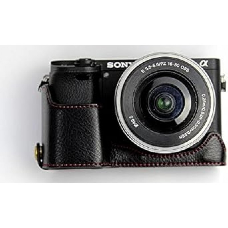 Sony Alpha 6300 6000 Sony Alpha 6000 Alpha 6300 A6300 A6000 ILCE-6000 6300 ILCE – 6000 하프 카메라 커버 하프 카메라 케이스, koowl 핸드메이드 정품 가죽 카메라 바디 자켓, 보호 가방, 프렛워크가 있는 받침대 + 핸드 스트랩(분리형), 방수, 방진 진동, 휴대용, blk