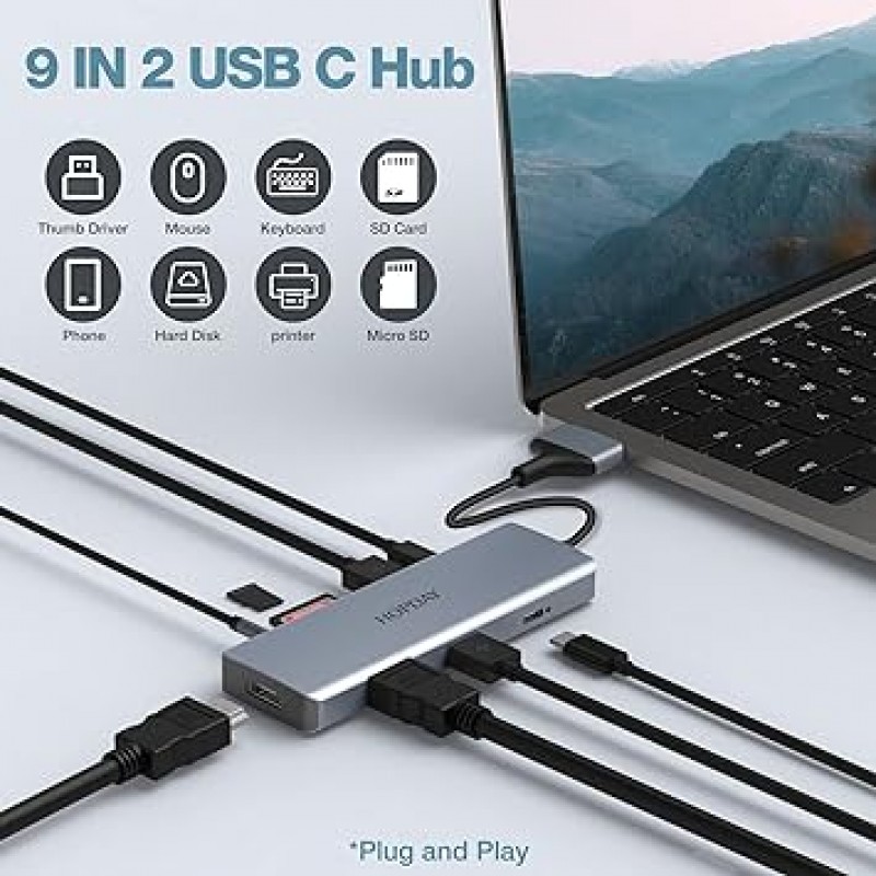 Macbook Hub 9 in 2 HOPDAY 9 포트 Macbook Air Pro 2022, USB Type C 허브, USB C HDMI 컨버터 어댑터, 4K 출력, PD 고속 충전, USB 3.0 지원, Thunderbolt 3 포트, SD/TF 카드 슬롯, 도킹 스테이션, 초경량