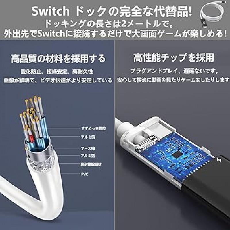 [충전 중 프로젝션] Switch Dock with HDMI 케이블, Switch Dock 및 교체용 케이블, 4K 및 1080P 해상도, HD 컨버터, TV 모드, Type-C PD100W 급속 충전, 길이 2mm, 소형, 다기능, 지연 없음, 소형, 닌텐도 스위치, 도크, TV 연결, HDMI 출력, 헤비 듀티, 스위치와 호환 가능, OLED, 노트북, 태블릿, 스마트폰 등(여행, 파티, 출장, 흑백 휴대가 편리함)