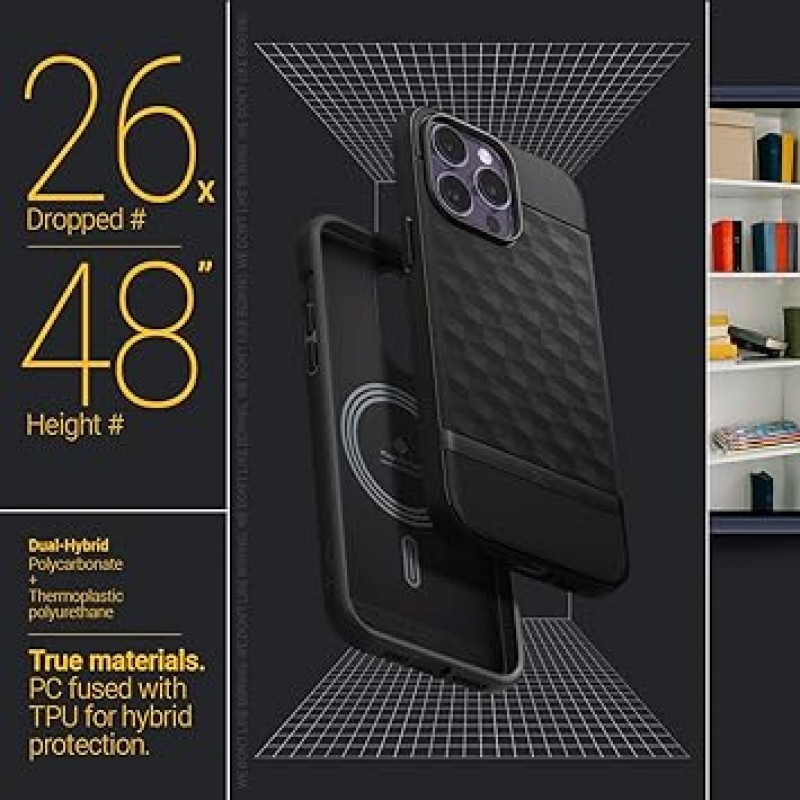 Caseology iPhone 14 Pro 케이스, MagSafe 호환, TPU, 3D 패턴, 3D, 럭셔리, 모던, 내구성 커버, 충격 방지, PC 시트, 그립, 패럴랙스 매그, 매트 블랙