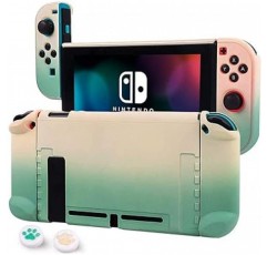 Vikisda Nintendo Switch 케이스 + 아날로그 스틱 커버, Nintendo Switch Joicon 케이스, 하드 타입, 스크래치 방지, 그라데이션, 수채화 미끄럼 방지, 전체 보호, 충격 방지, 제거 용이, 방수, 얼룩 방지, 액세서리 세트, 그린