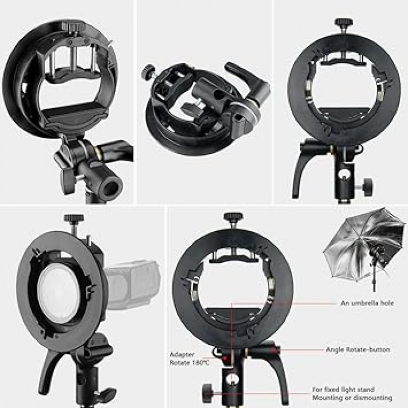 GODOX S2 업그레이드된 S형 플래시 브래킷 홀더, 보웬스 마운트, 접이식, 각도 조절, 둥근 머리, 사각형 머리, 스트로브 고정, Godox V1, V860II, TT350, AD400Pro, AD200Pro와 호환 가능, 클립온 모노블록 스트로브 [병행 수입]