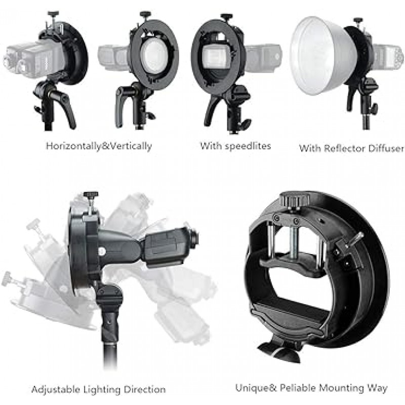 GODOX S2 업그레이드된 S형 플래시 브래킷 홀더, 보웬스 마운트, 접이식, 각도 조절, 둥근 머리, 사각형 머리, 스트로브 고정, Godox V1, V860II, TT350, AD400Pro, AD200Pro와 호환 가능, 클립온 모노블록 스트로브 [병행 수입]