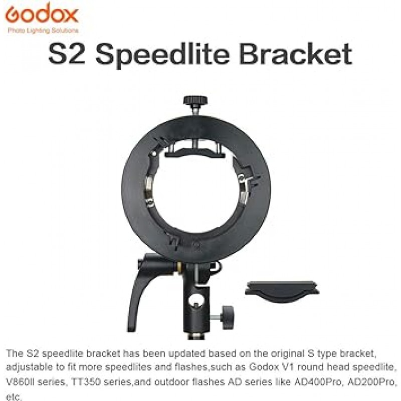 GODOX S2 업그레이드된 S형 플래시 브래킷 홀더, 보웬스 마운트, 접이식, 각도 조절, 둥근 머리, 사각형 머리, 스트로브 고정, Godox V1, V860II, TT350, AD400Pro, AD200Pro와 호환 가능, 클립온 모노블록 스트로브 [병행 수입]