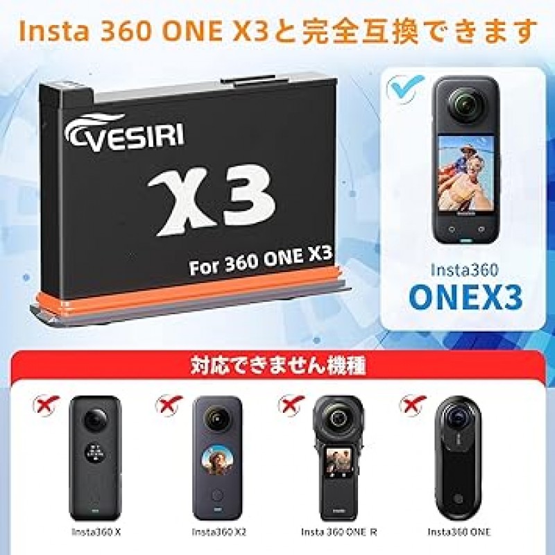 Vesiri Insta360 ONE X3 배터리, 2 x 1800 mAh 호환 배터리, 급속 충전기 세트, Insta360 X3 예비 배터리, USB-C 케이블, Insta360 X3용 휴대용 마그네틱 스마트 충전 케이스, 동시 충전, 충전 보호, 호환 유형(Insta360 ONE X3과 호환 가능) 카메라)