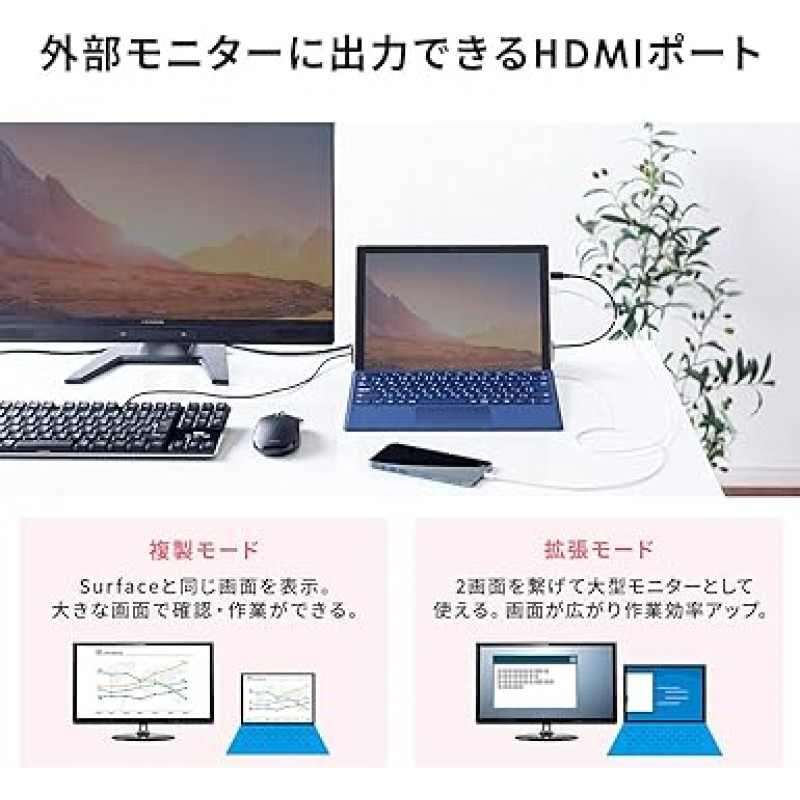 Sanwa Direct PD100W 400-HUB039BK3 Surface Pro8 /Pro7 Plus / Pro X / Go 3 / Go 2 / Go 2 / Go 전용 HDMI USB x 3 포트, 유선 LAN용 도킹 스테이션