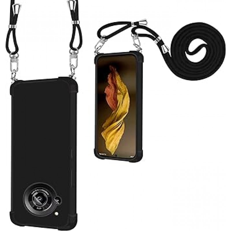 AQUOS R7 SH-52C 케이스, 충격 방지, 스마트폰 케이스, 어깨끈, 크로스바디 디자인, TPU 커버, 스트랩 포함, 경량, 에어 쿠션 구조, 슈퍼 밀리터리 표준, 낙하 방지, 유연하고 변형 없음, 블랙