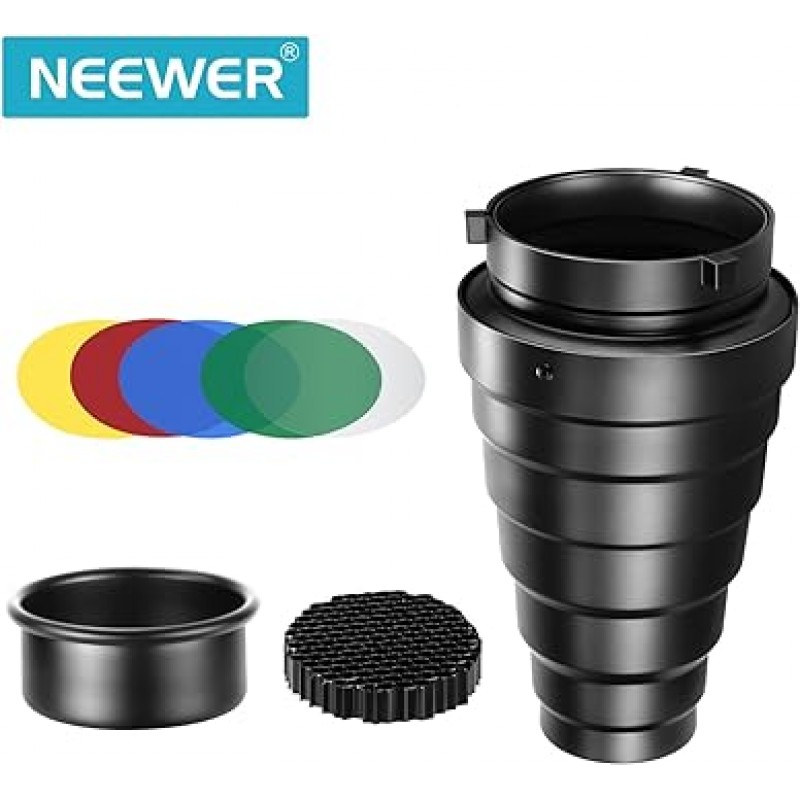 Bowens Mount Studio 스트로브 모노라이트 및 사진 손전등용 벌집 그리드 및 5색 젤 필터가 포함된 Neewer 중형 알루미늄 합금 원추형 스누트 키트