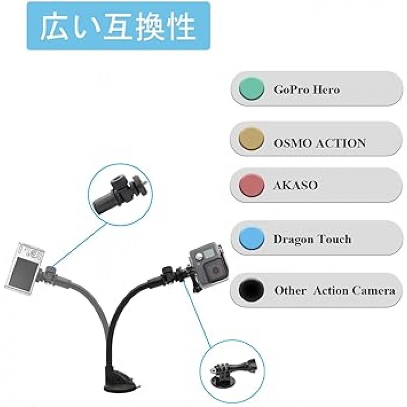 Aozcu 카메라 마운트, 자동차 흡입 컵 카메라 홀더, 구즈넥 카메라 홀더, 대시보드, 전면 유리 마운트 카메라 홀더, 강력한 흡입 컵 액션 카메라 브래킷, 유연한 조절 가능, 360도 회전, 곡선 표면, GoPro Hero10 9 8 MAX용 삼각대 어댑터 마운트, AKASO , Dragon Touch, DJI Osmo Action, SJCAM 등