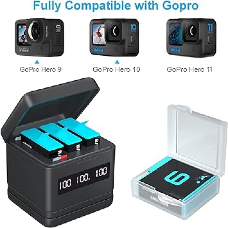 Gopro Hero9/Hero10/Hero11용 Genie 배터리 충전기 배터리 충전기, LED 충전량, 빠른 데이터 전송, 역충전 지원, 3 x 2,000mAH, 보관함 유형, USB 충전기, 동시 충전, Type-C 케이블 포함