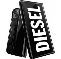 DIESEL FW22 아이폰 13/14 케이스, 노트북형, 스마트폰 케이스, 카드 케이스, 낙하 방지 밴드 포함 밴드 (디젤 브랜드 로고, 아이폰 13/14 노트북형 케이스, 블랙)