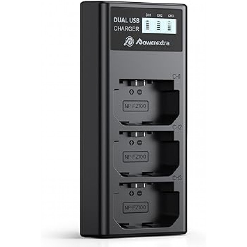 Powerextra NP-FZ100 USB 충전기, 3채널, 충전 정보 디스플레이, A7III, A7M3, A7RIII, A7R3,A9, Alpha 9R, A9R, Alpha 9S, Alpha 9 a7 III 등용 배터리 충전기