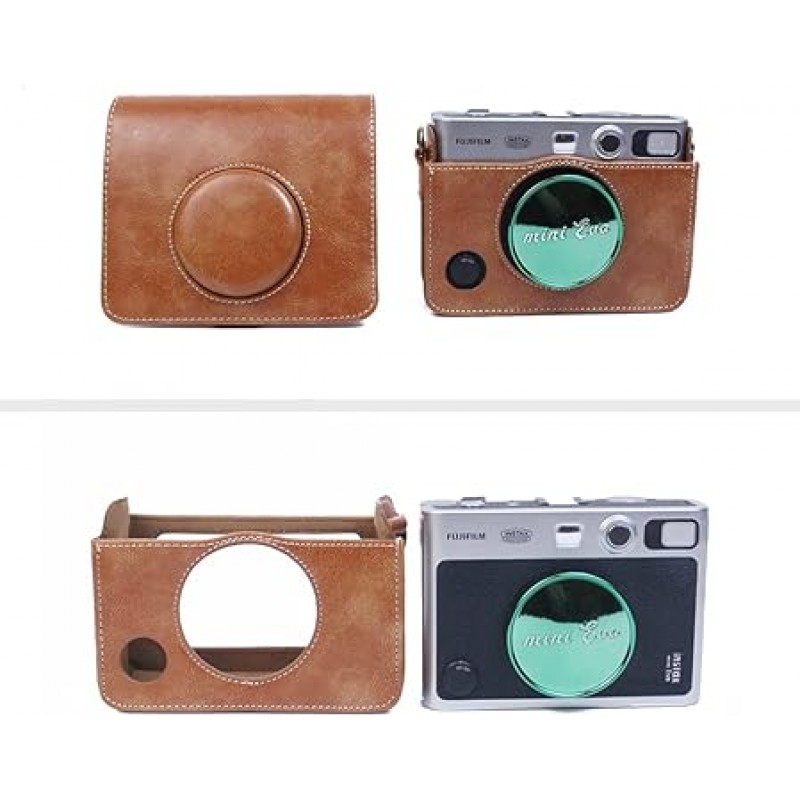 Koowl 호환 Fujifilm Fujifilm Instax Mini Evo 카메라 케이스 카메라 커버 카메라 가방 카메라 홀더, 【KOOWL】수제 가죽 카메라 풀 케이스, 사진 없음 포함:어깨 끈, 세련된, 컴팩트, 방수, 진동 방지, 커피 색상, 신고전주의