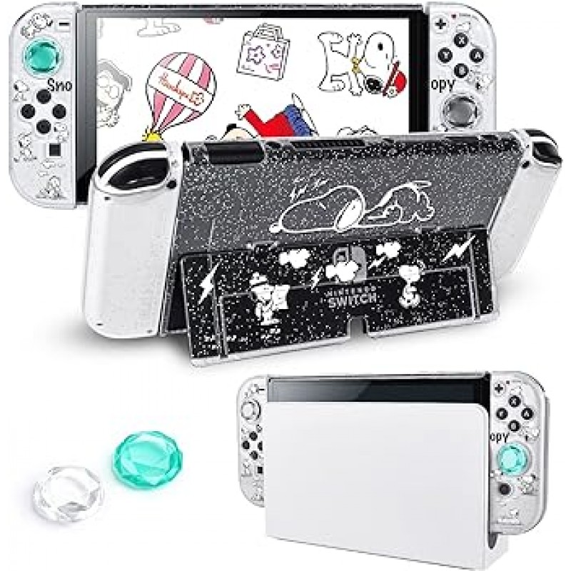 Dabozi Nintendo Switch OOel 커버, 스누피 스위치 OLED 케이스, 스위치 OLED 케이스, 투명 케이스, OLED 커버, 투명 케이스, OLED 모델 케이스, 투명 커버, PC 소재, 투명 스위치 커버, 보호 커버, 방진, 먼지 방지, 경량, 충격 방지 , 쉽게 입고 벗을 수 있음, 완전 보호, 귀엽고, 엄지 캡 포함, 스누피