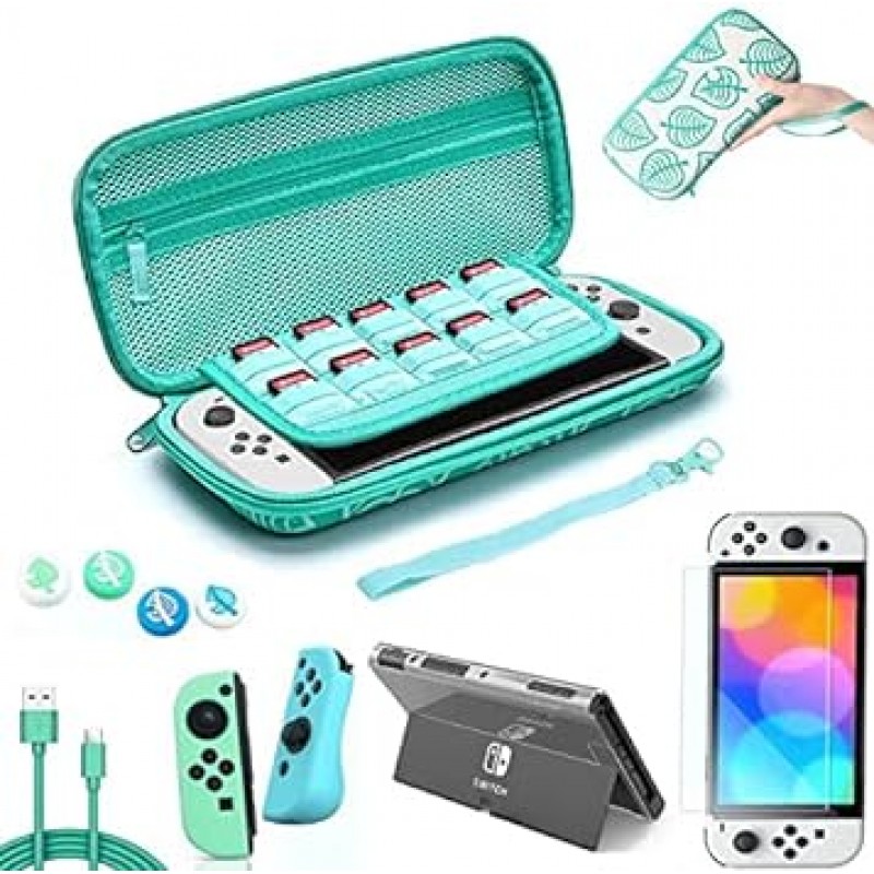 Switch Oluel 케이스, Animal Crossing, 2022 최신 Switch OLED 케이스, 귀여운 5-in-1 (Switch OLED 모델과 호환 가능), Nintendo Switch OLED 케이스, OLED 스위치, OLED 스위치, 유리 필름, 충전 케이블, 썸캡, 보관 가방, 나일론 소재, 방진, 먼지 방지, 방수, 전체 보호, 대용량, 충격 흡수, 휴대가 편리함