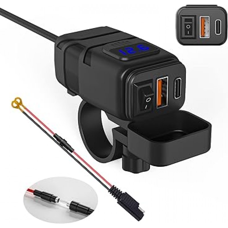 TurnRaise 오토바이 USB 전원 공급 장치, 방수, Type-C + QC3.0 급속 충전 포트, 오토바이, 전압계, 오토바이 USB 전원 공급 장치, DC 12V-24V 전원 공급 장치, USB + PD 급속 충전 포트, 독립 스위치, 과압 보호, 쉬운 설치 , 스마트폰 Android / IOS 호환 휴대폰, 태블릿, GPS, 오토바이