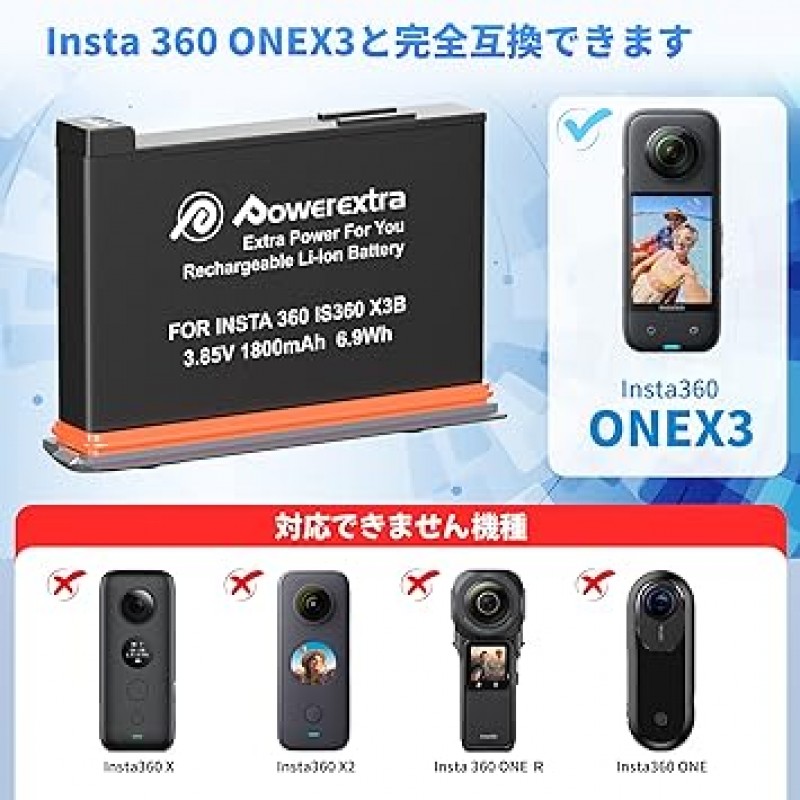 Powerextra Insta360 ONE X3 배터리 충전기 세트 배터리, 2*1800mAh 카메라 호환 배터리 360 Insta360 ONE X3 카메라용 X3 배터리 팩 배터리 충전기 보관함 고속 충전기(Insta360 ONE X3 배터리 2개 + 충전기)