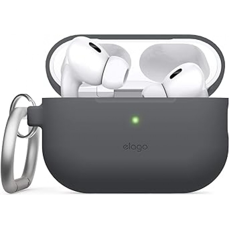 elago AirPods Pro 2 호환 케이스, 실리콘 커버, 카라비너 ​​포함, 충격 방지, 얇은, 케이스 커버, 충격 흡수, 부드러움, 긁힘 방지, 낙하 방지, 보호, 실리콘 커버, Apple AirPods Pro 2 MQD83J/A와 호환 가능, Airpods Pro 2, Airpods Pro 2, 2세대, 실리콘 베이직 케이스, 다크 그레이