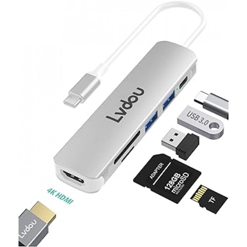 USB C 허브 어댑터 6-in-1 Lvdou 멀티포트 USB 허브 Type-C 85W PD 충전 4K HDMI 마이크로 SD/SD 카드 리더 MacBook Pro 13 14 15 16(2016-2022 M1 M2), MacBook Air(2016-2022 M1 M2)용 USB-C 교체 어댑터 2018-2022 M1 M2), iPad Pro(2018-20 -20 22 M1 M2), Surface Pro 9, 8, 7 / Go 4, 3, 2(surface