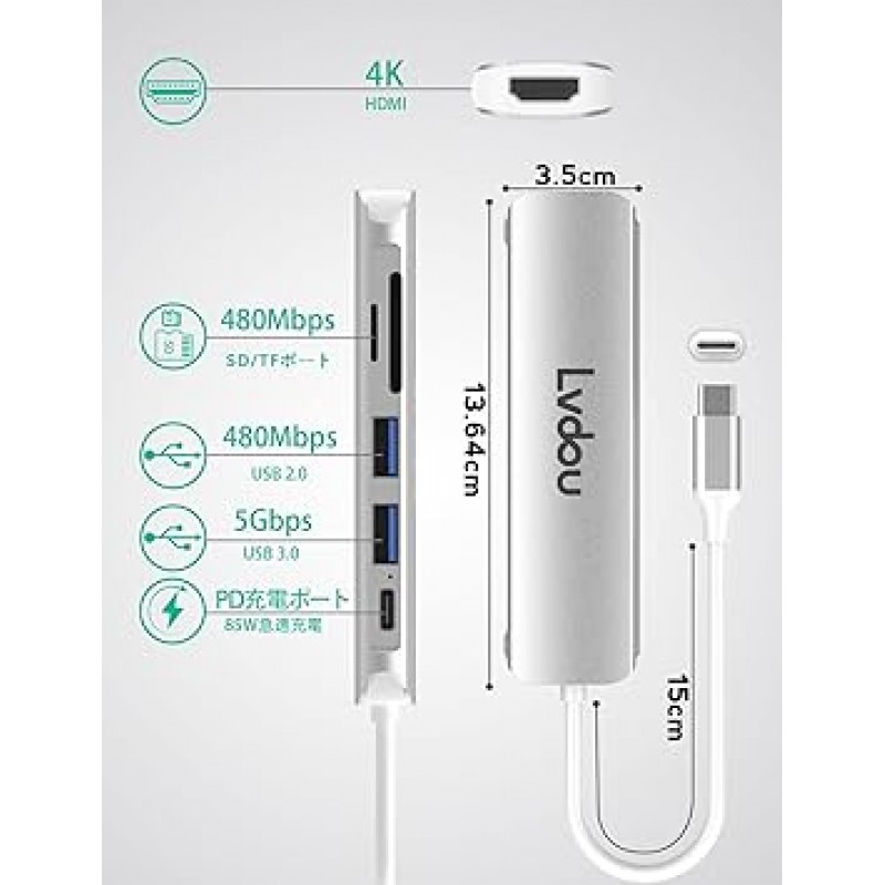 USB C 허브 어댑터 6-in-1 Lvdou 멀티포트 USB 허브 Type-C 85W PD 충전 4K HDMI 마이크로 SD/SD 카드 리더 MacBook Pro 13 14 15 16(2016-2022 M1 M2), MacBook Air(2016-2022 M1 M2)용 USB-C 교체 어댑터 2018-2022 M1 M2), iPad Pro(2018-20 -20 22 M1 M2), Surface Pro 9, 8, 7 / Go 4, 3, 2(surface