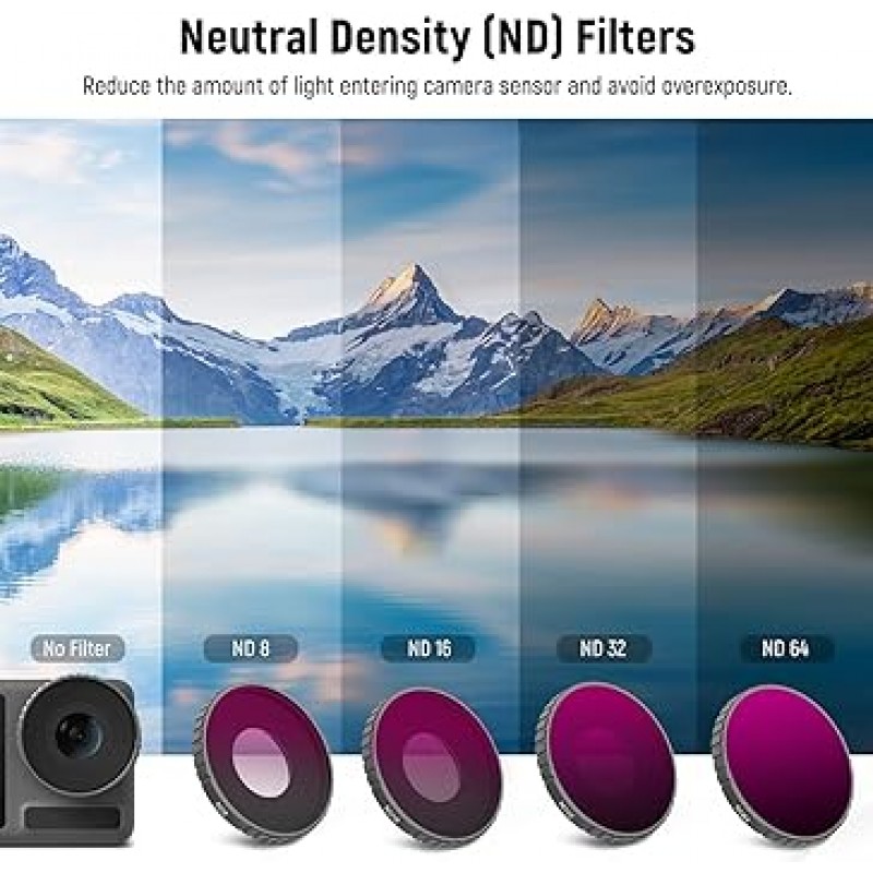 DJI Osmo Action3 CPL ND8 ND16 ND32 ND64 중립 밀도 필터 HD 광학 유리 다층 코팅 액션 카메라 액세서리 용 NEEWER 5pcs ND 필터 키트 알루미늄 합금 프레임