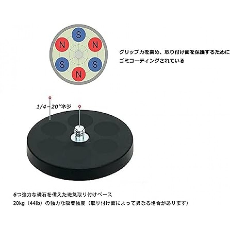 카메라 헤드 스탠드, 액션 카메라 프리 헤드 스탠드, 내하중 44.1lbs(20kg), 강력한 자석, 클램프, 코팅된 자기 고정 장치, 1/4 - 20개의 컬럼 볼트(크기: 3.5인치(88mm))