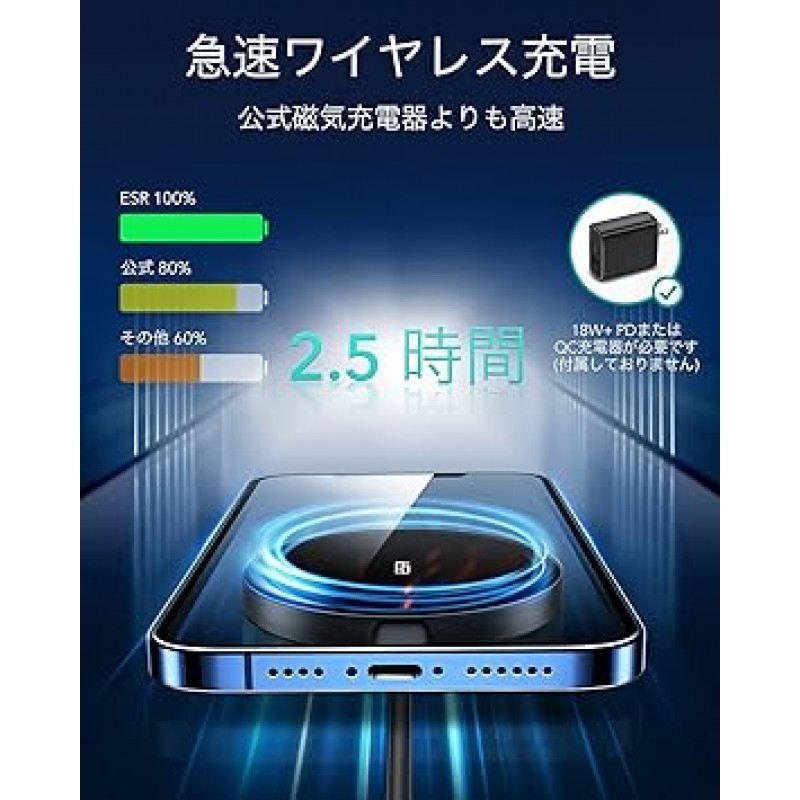 [iF2022 수상] ESR HaloLock 킥스탠드 무선 충전기, MagSafe 호환, iPhone 14/13/12 시리즈 호환, 마그네틱 케이스, 1.5 m 케이블 포함, 탈착식 케이블, 블랙