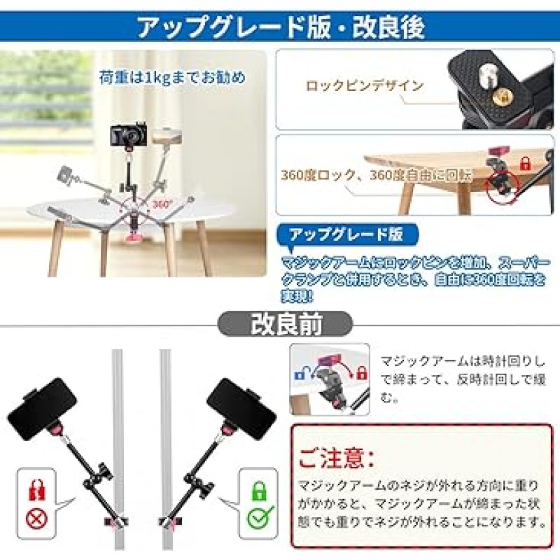 Hemmotop MS02 매직 암, 슈퍼 클램프, 2023 버전, 최대 부하 용량 3.3 lbs(1.5 kg), 카메라 암, 로드 클램프, 360° 자유 회전, 알루미늄, 슈팅 클램프, 강력, 클립온 스트로브, 마이크, Condigi, Fire10 Plus , 액션 카메라, 모니터 홀더, 뛰어난 안정성