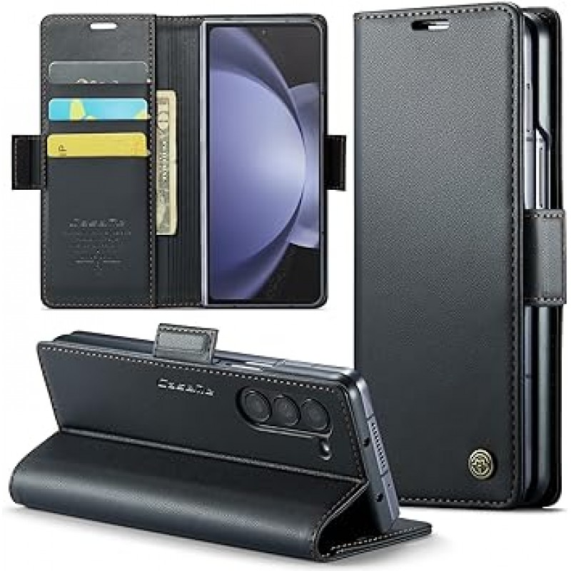 Galaxy Z Fold 5 케이스, 폴리오 지갑형, 카드 포켓, Samsung Galaxy Z Fold 5용, 휴대폰 커버, 카드 보관함, Uovon 스마트폰 케이스, 고급 가죽, 충격 방지, 전체 보호, 스탠드 기능, 스트랩 구멍 포함, 자석, 블랙